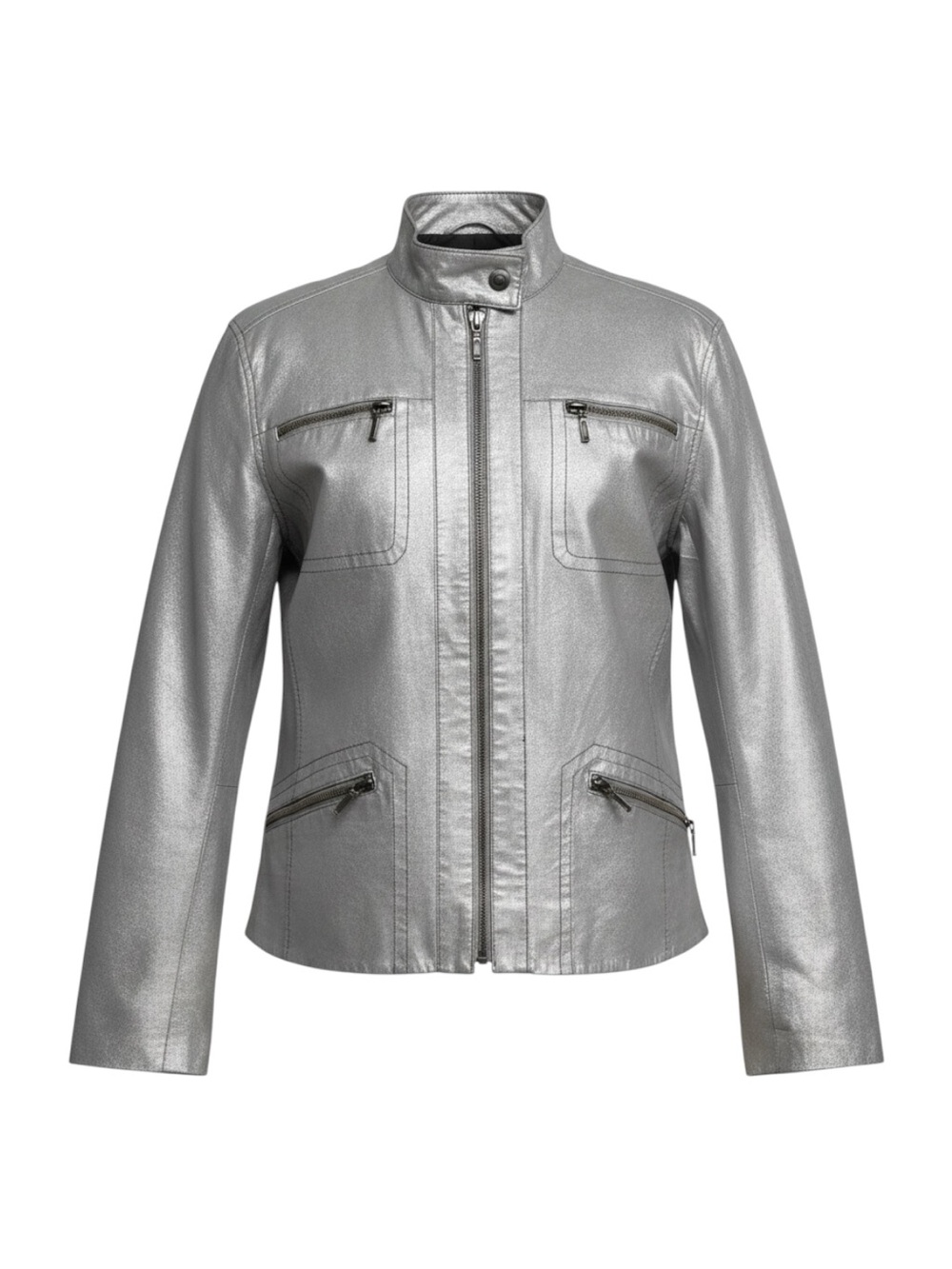 Chico’s Genuine Leather Metallic Silver Moto Jacket Size 1 (Medium 8) Crackle